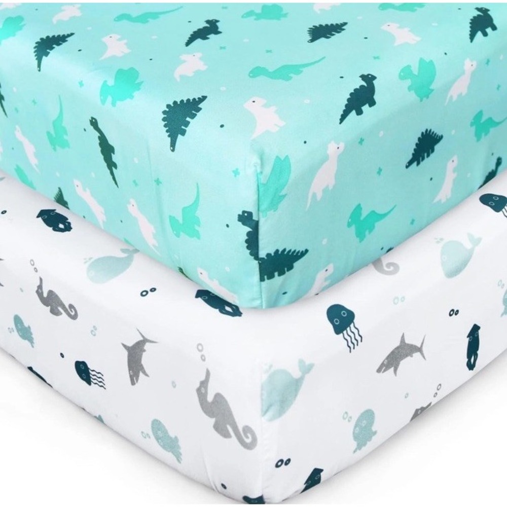 Crib Sheets 2 Pack Fitted 52"x28" Soft Breathable Baby Bedding Dinosaurs & Ocean